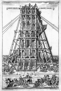 Het oprichten van de oude Egyptische obelisk op het Sint-Pietersplein, Rome, gegraveerd door Alessandro Specchi